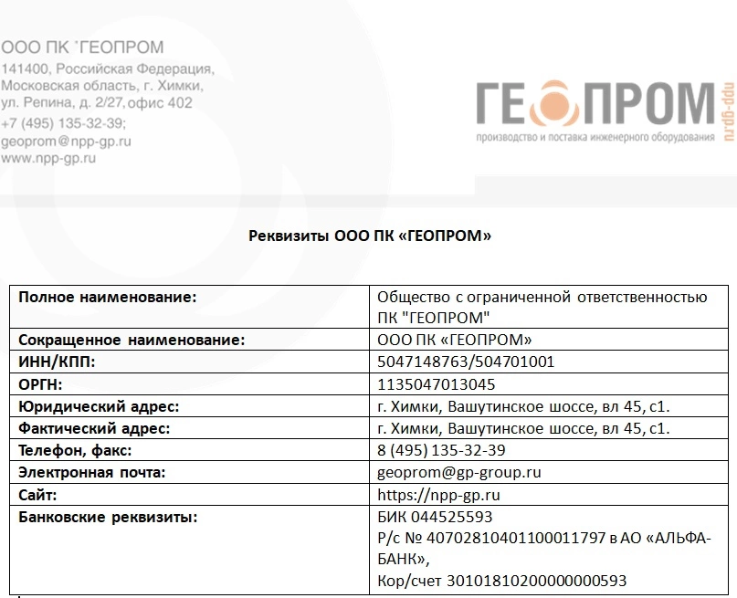 Реквизиты ПК ГЕОПРОМ